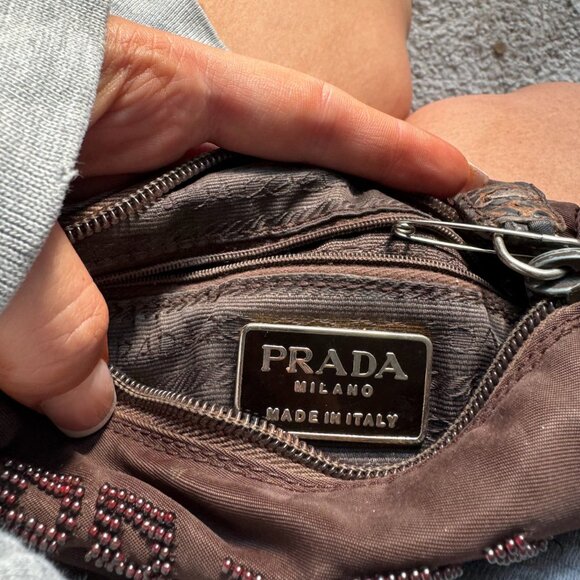 Prada Milano brown nylon pouch with tonal beaded logo detail at front. Features - Picture 4 of 5